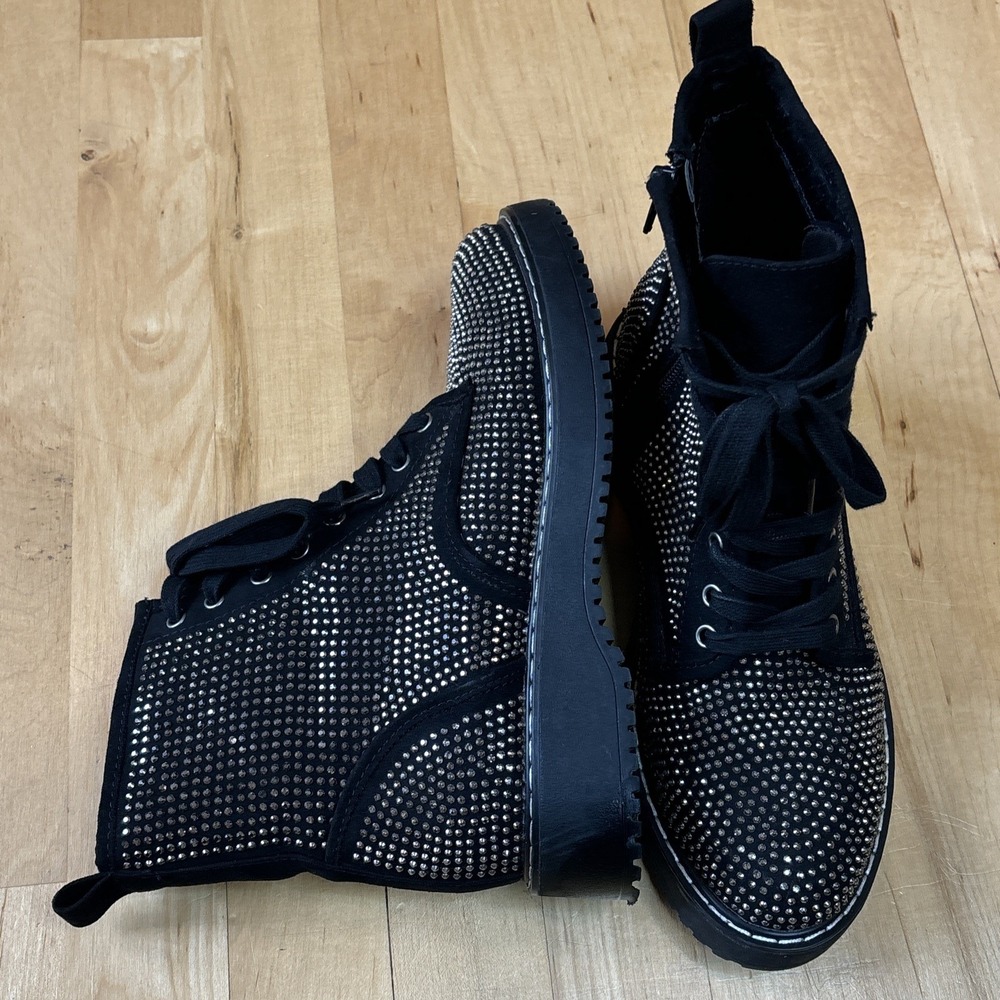 Madden Girl Black 8 Bling Rhinestones Combat Boots Chunky Sparkle Goth Grunge‎
